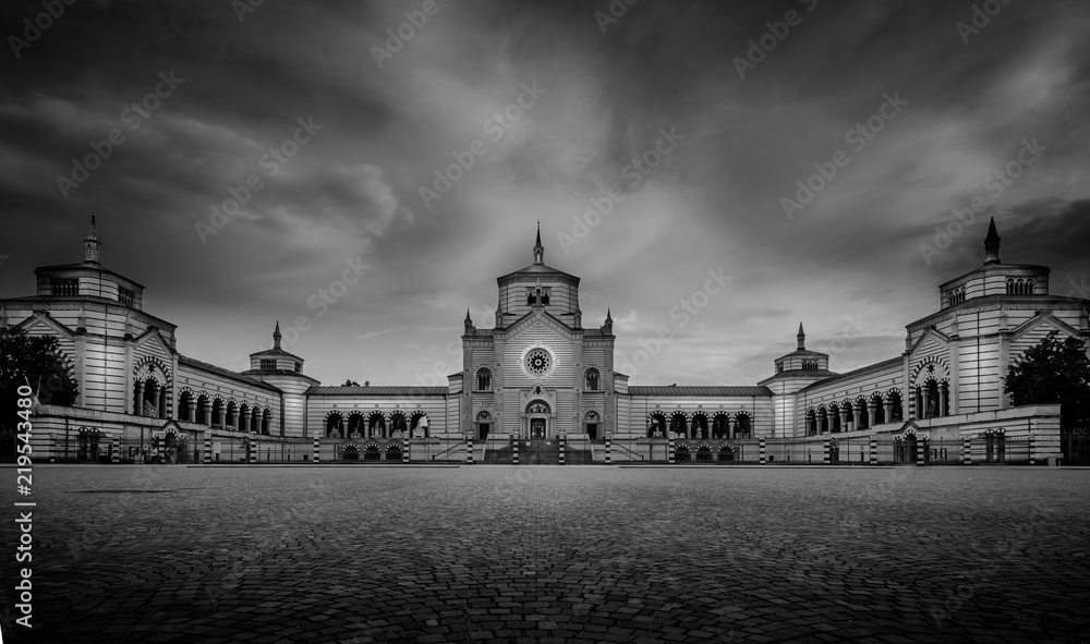 monumental cemetery of milan main entrance view with cloudy sky