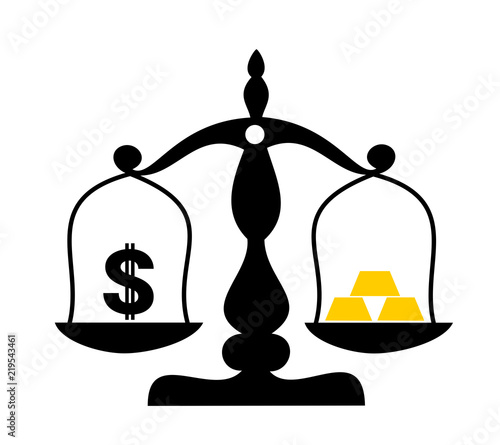 US dollar as fiat currency vs golden bullion made of gold. Value and price of paper money is compared to cost of precious metal. Balance of Gold standard. Vector illustration