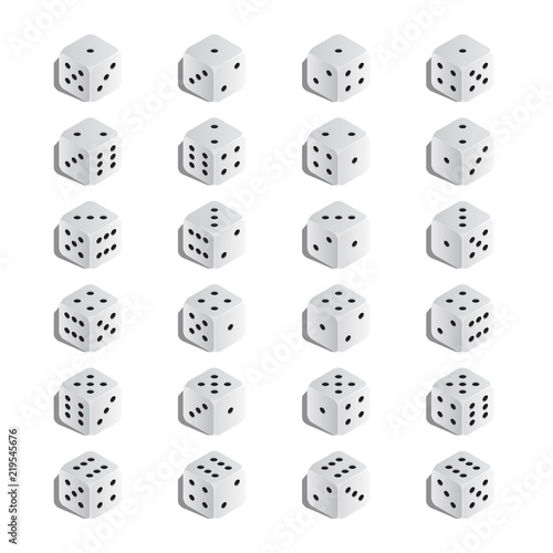 Isometric white dice variations set. Vector.