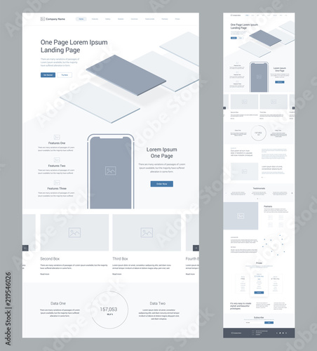 One page website design template for business. Landing page wireframe. Flat modern responsive design. Ux ui website: home, features, explore, blog, order, offer, prices, partners, info,  subscribe.