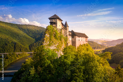 Aerial view of beautiful Orava castle at sunrise. Slovakia photo