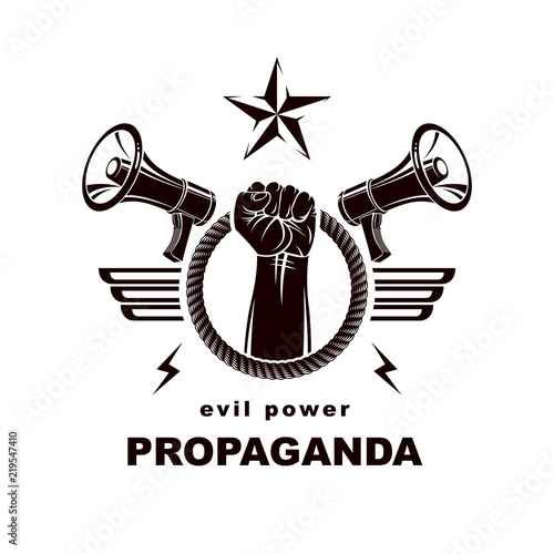 Vector emblem composed with muscular raised clenched fist surrounded with rope, bird wings and loudspeakers. No limits and restrictions conceptual emblem.