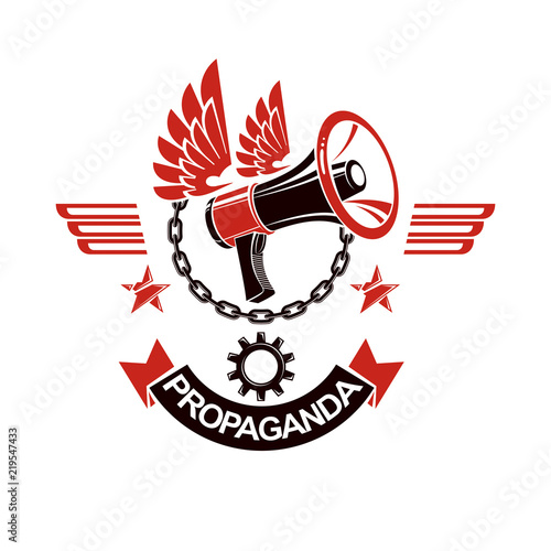 Vector winged logo composed with megaphone equipment surrounded by iron chain and engineering cog wheel. Propaganda as the method of ideology imposing
