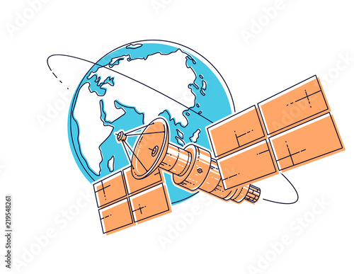 Communication satellite flying orbital spaceflight around earth, spacecraft space station with solar panels and satellite antenna plate. Thin line 3d vector illustration.