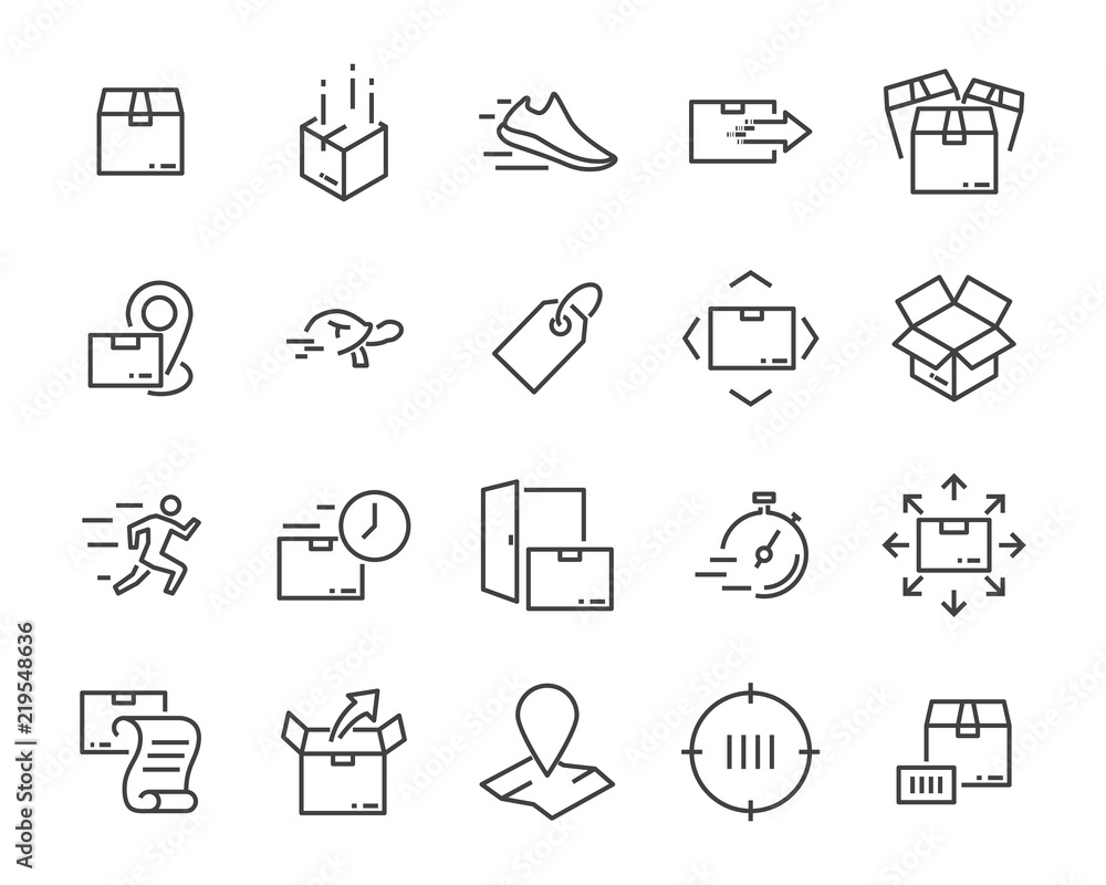 set of sending product icons , such as delivery, mail, service, shipping, transport, box and more