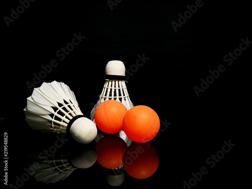 Batminton balls and ping pong balls. photo