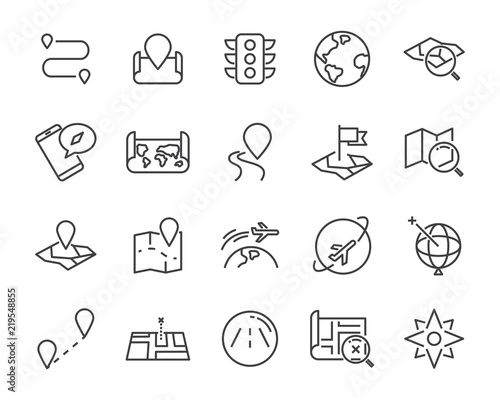 set of world map vector line icons, such as map, way, globe