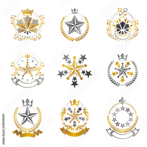 Pentagonal Stars emblems set. Heraldic Coat of Arms, vintage vector logos collection.