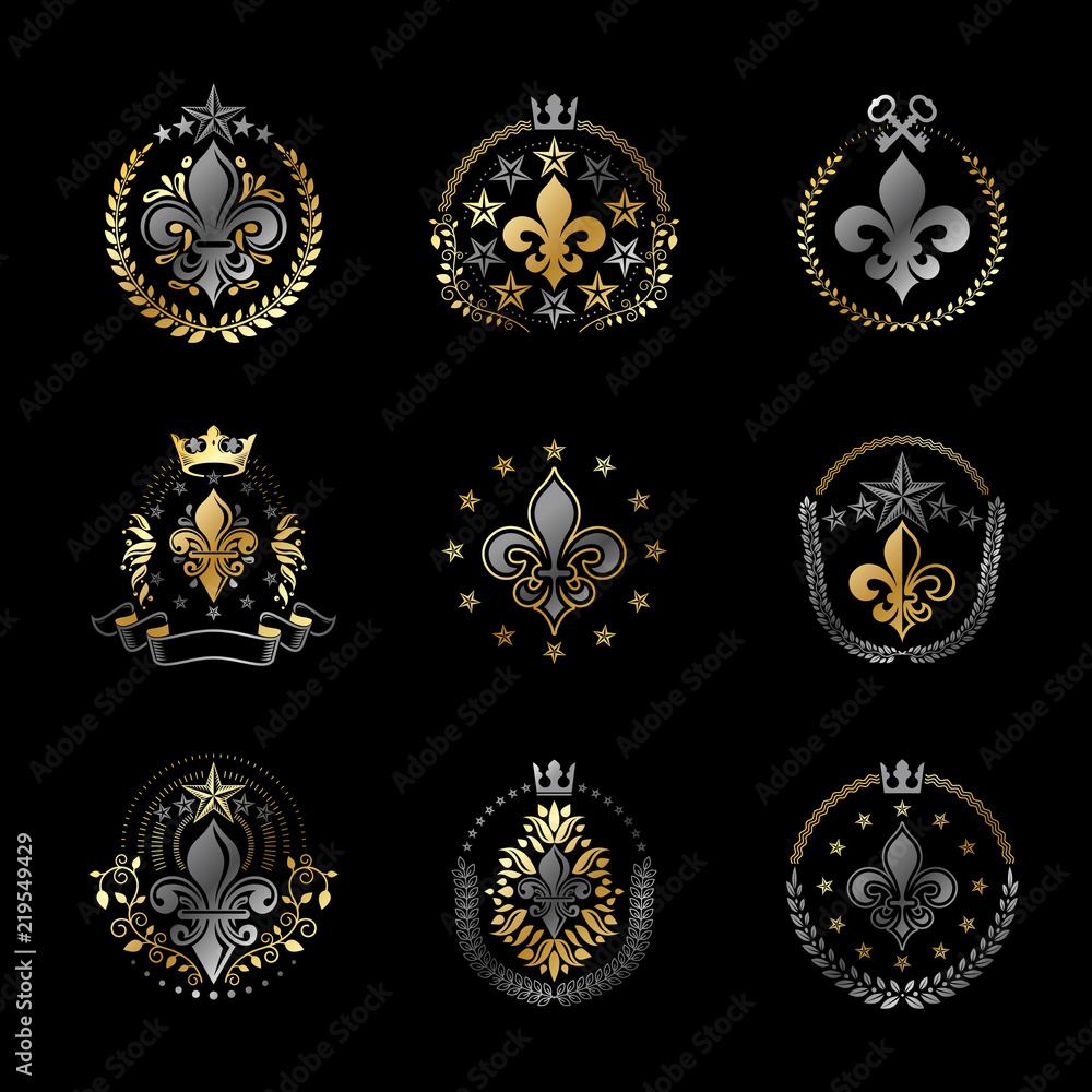 Lily Flowers Royal symbols emblems set. Heraldic Coat of Arms decorative logos isolated vector illustrations collection.