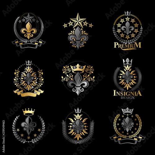 Lily Flowers Royal symbols emblems set. Heraldic Coat of Arms decorative logos isolated vector illustrations collection.