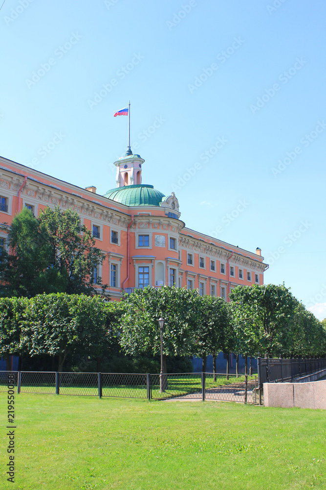 Saint Michael's Castle (Mikhailovsky or Engineers' Castle) in St. Petersburg, Russia. Old Historical Palace with Russian Museum's Art Collections, Outdoor Exterior View of Building Facade from Park