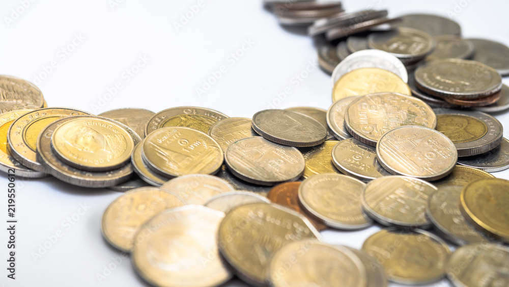 Close up group coin thai bath on white background Close up group coin thai bath on white background