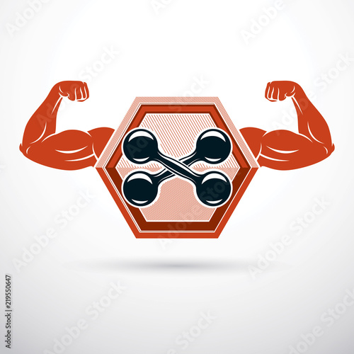 Vector illustration of bodybuilder muscular arm holding dumbbell. Power lifting.