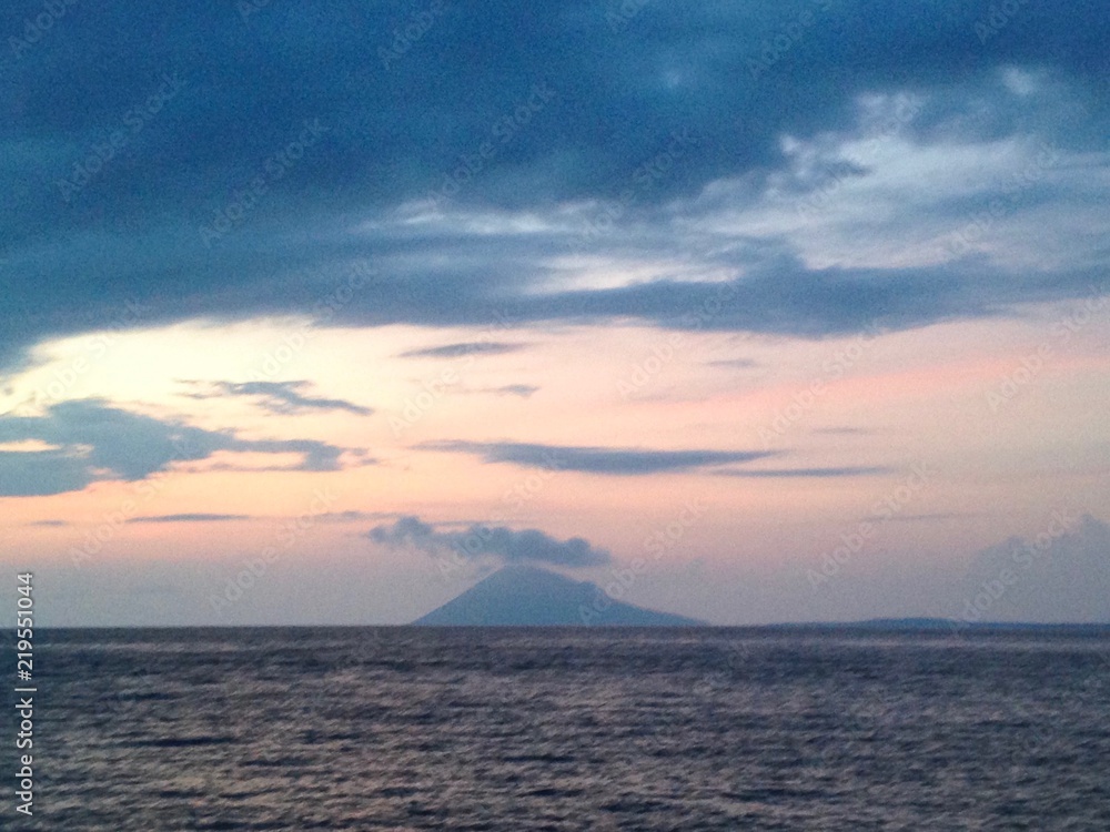 panorama, volcano, sea, sunset, sky, sun, sulawesi, indonesia