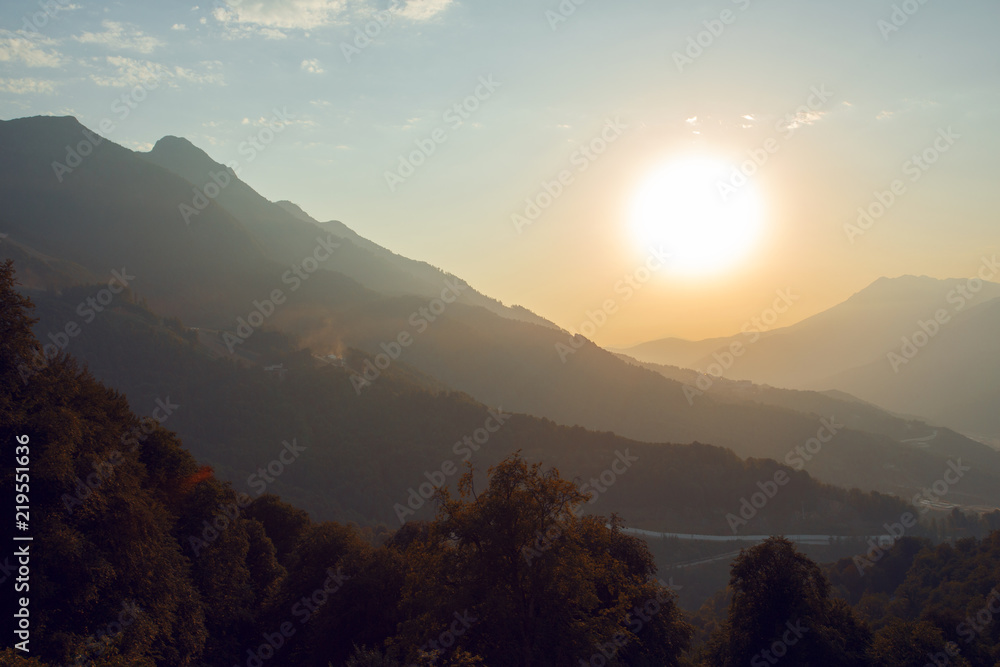 Sunset on the Rosa Khutor wiev from the cable car Sochi Russia