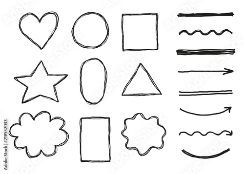 Set of doodle sketched frames, elements.