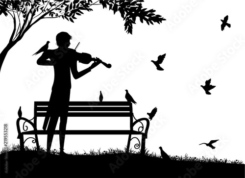 violinist plays in the park with pigeons, violin dreamer, romantic lonely melody with birds, summer nostalgic memories,