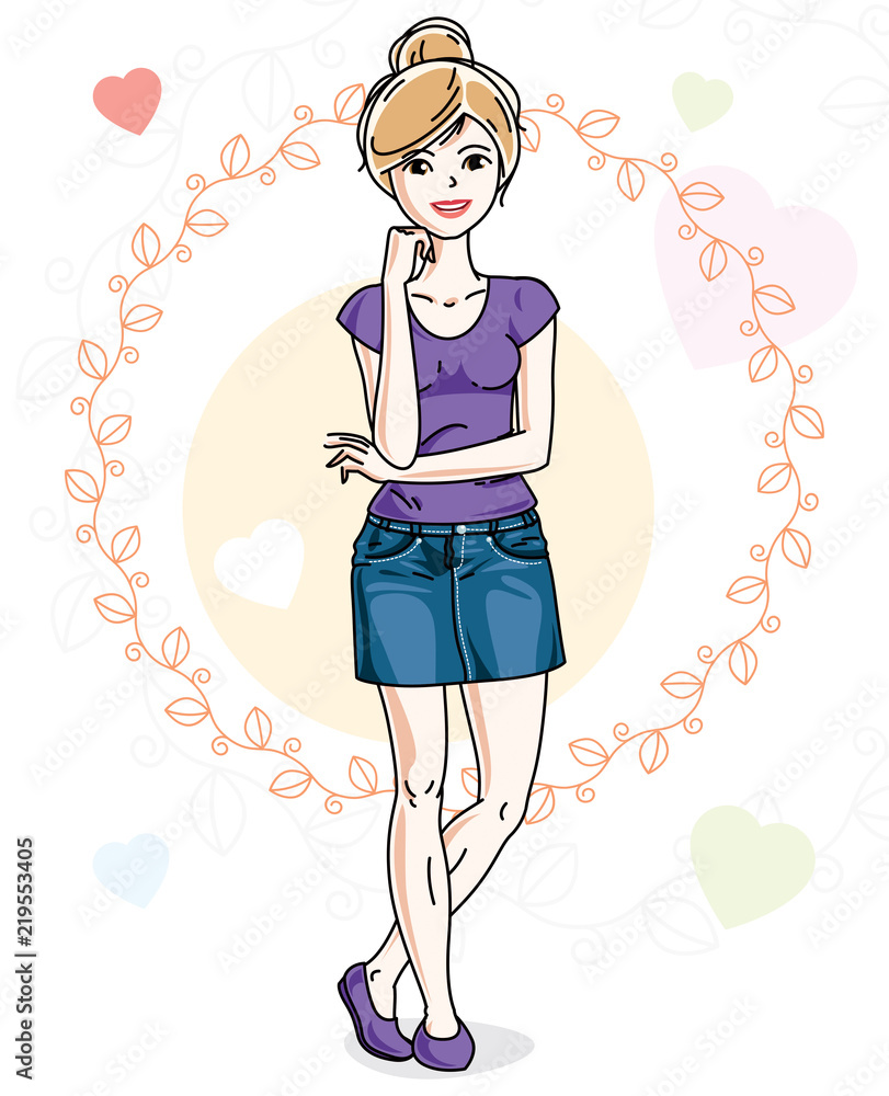 Young beautiful blonde woman adult standing on colorful background with Valentine hearts in modern casual clothes. Vector nice lady illustration. Young beautiful blonde woman adult standing on colorful background with Valentine hearts in modern casual clothes. Vector nice lady illustration.