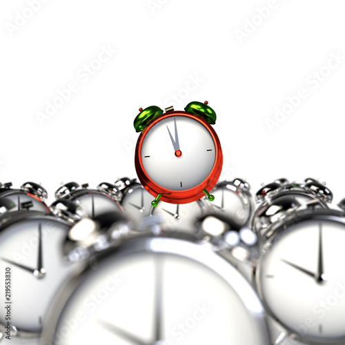 Standing out of the crowd. Colorful alarmclock among the grey alarmclocks. 3D rendering