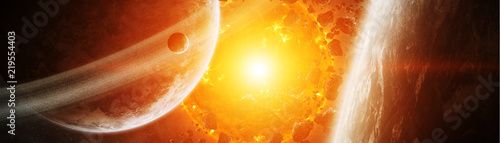 Tableau sur toile Exploding sun in space close to planet 3D rendering elements of this image furni
