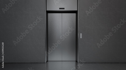 Blank black closed elevator in office floor interior mock up, 3d rendering. Empty lift with buttons near concrete wall mockup. Concept of business center or hotel lifting template in darkness
