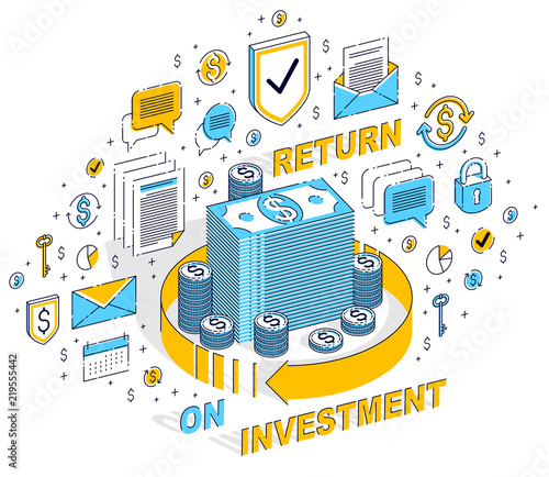 Money circulation, return on investment, currency exchange, cash back, money refund, concepts can be used. Vector 3d isometric business illustration with icons, stats charts and design elements.
