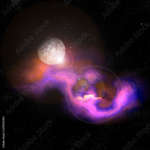 Fototapeta Naklejka Na Ścianę i Meble -  3D abstract space scene with nebula and fictional moon
