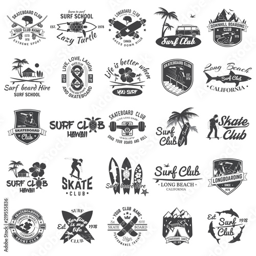 Set of skateboard, longboard and surf club badges. Vector illustration.