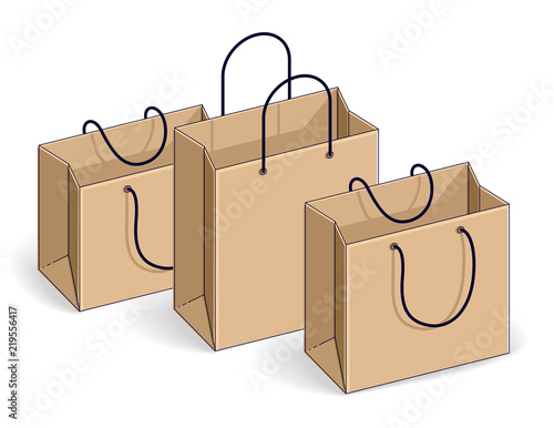 Shopping bags big sale, sellout, retail, Black Friday discount, eco paper bag isolated on white background. Isometric vector illustration, 3d thin line design.