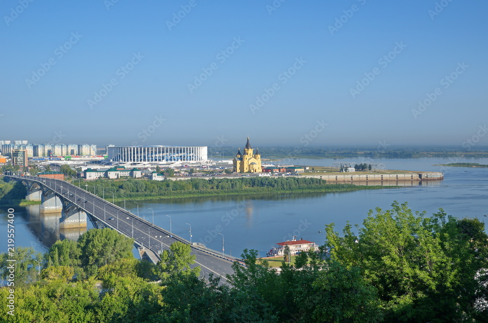 Summer view on the Kanavinsky bridge across the Oka river, Nizhniy Novgorod, Russia