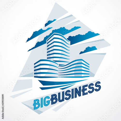 Futuristic building, modern style vector architecture illustration. Real estate realty business center design. 3D business office facade in big city. Can be used as a logo or icon.