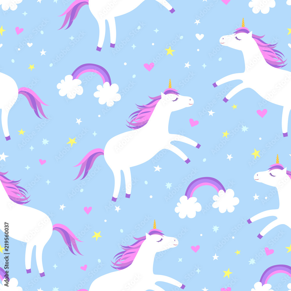 Cute cartoon colorful seamless pattern with white unicorns ...