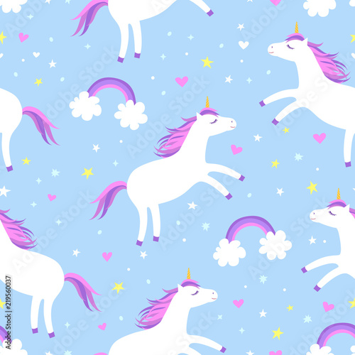 Cute cartoon colorful seamless pattern with white unicorns rainbows and stars on blue background. Perfect for kids textile  wallpaper  wrapping paper etc. Vector illustration