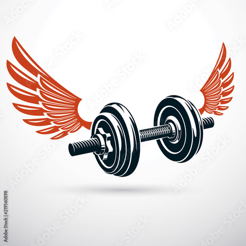 Dumb-bell with disc weight vector illustration created using wings. Gym power lifting sport equipment for heavy load pumping and weightlifting.