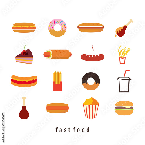 Collection of vector flat fast food icons isolated on white background