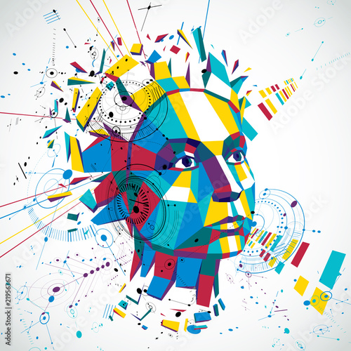Communication technology 3d vector background made with engineering draft elements and mechanism parts, science subject. Low poly illustration of human head full of thoughts, intelligence allegory.