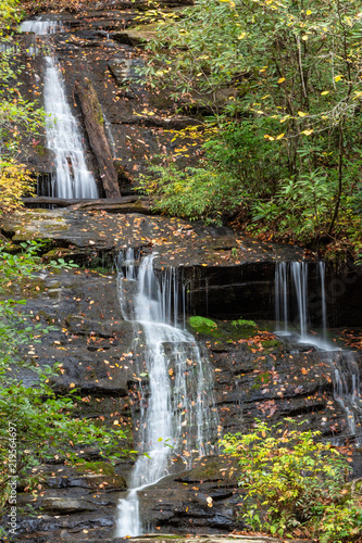 Multi tiered waterfall across wet rocks covered in autumn leaves and moss  vertical aspect