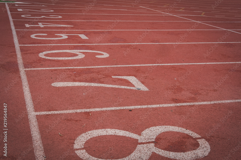 lane number & running racetrack, backstretch in outdoor sports stadium arena