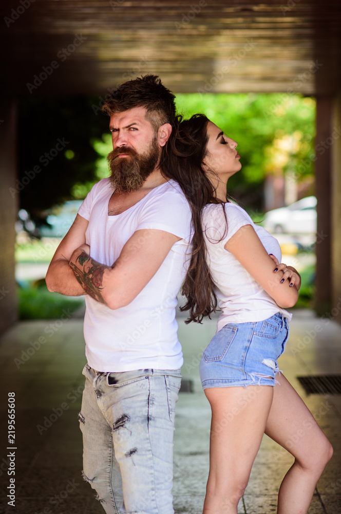 Couple problems relationship. Couple in love can not find same point of view. Girl attractive brunette bearded hipster man stand back to back porch underground crossing. Couple has disagreements Couple problems relationship. Couple in love can not find same point of view. Girl attractive brunette bearded hipster man stand back to back porch underground crossing. Couple has disagreements