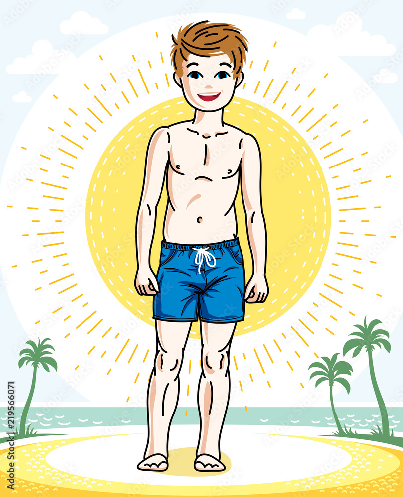 Young teen boy cute nice standing in colorful stylish beach shorts. Vector human illustration. Fashion and lifestyle theme cartoon.