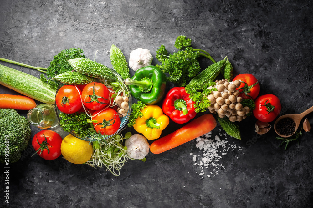 Various fresh vegetables organic food for healthy on rustic background with copy space for your text.
