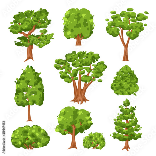 Trees and green bushes set isolated on white background