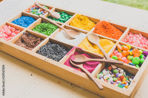 colored sand decoration in square wood box with wooden spoon for mini tararium
