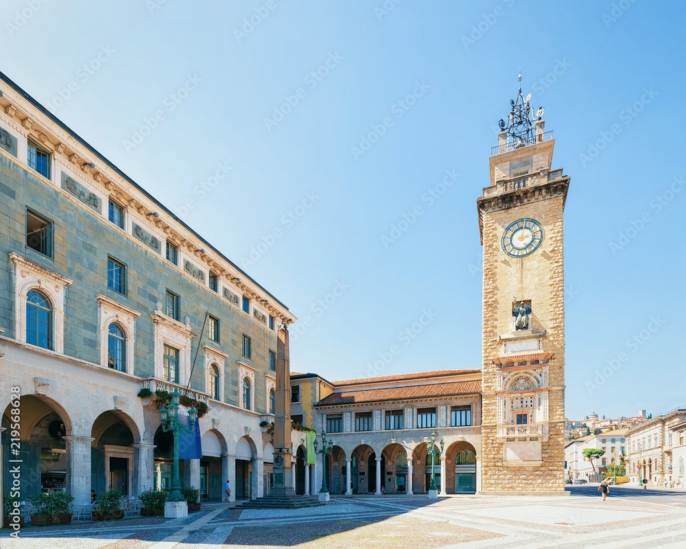 Memorial Tower and Piazza Vittorio Veneto Square in Bergamo Italy