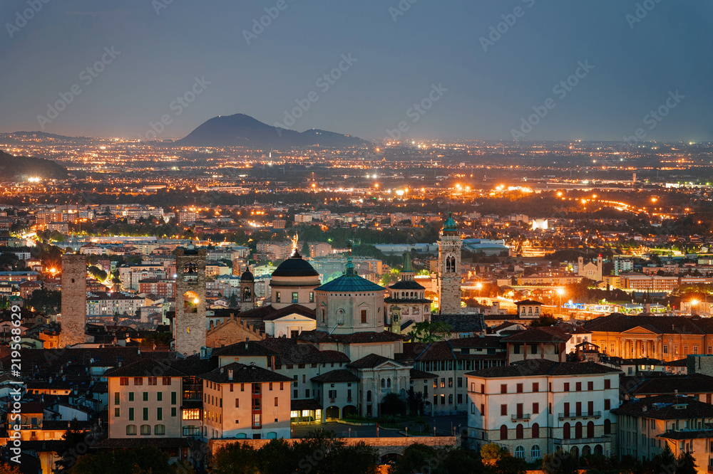 Night cityscape with Basilica of Santa Maria Maggiore Bergamo Italy