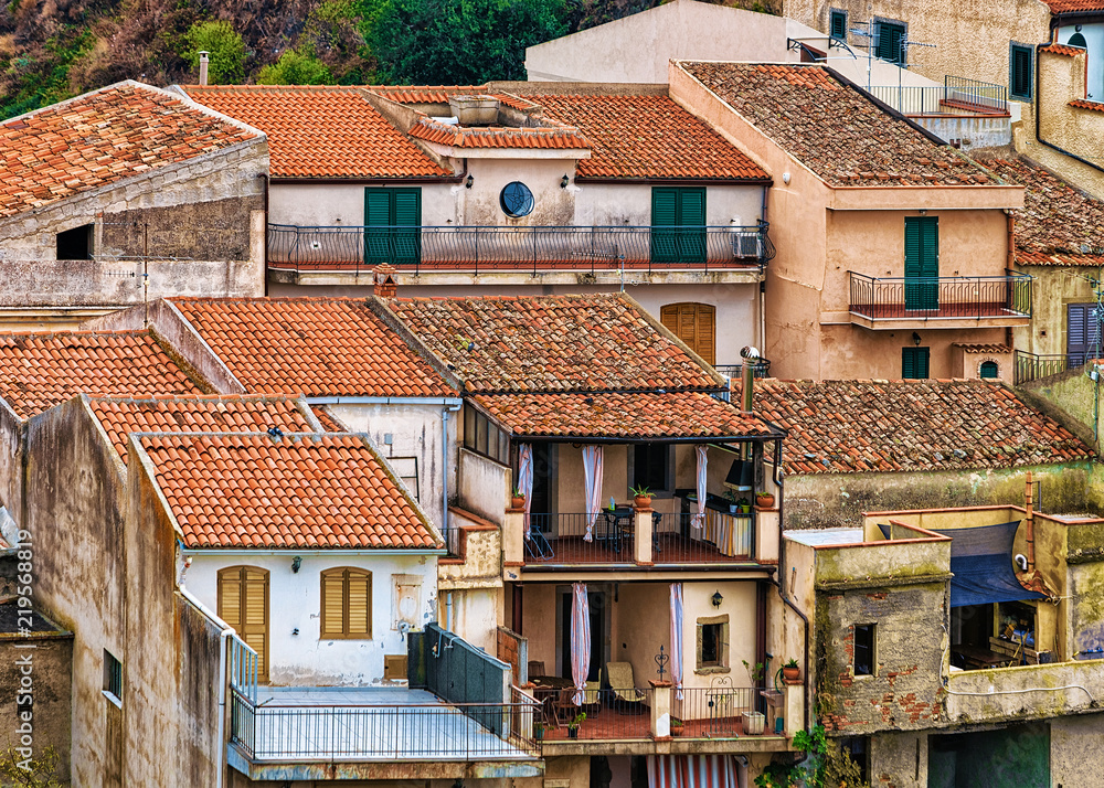 Beautiful landscape with Savoca village at mountain Sicily Beautiful landscape with Savoca village at mountain Sicily