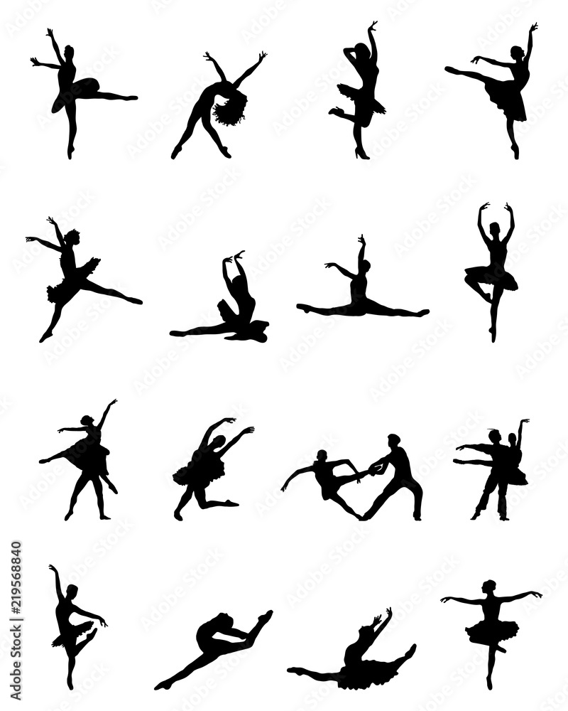 Black silhouettes of ballerinas on white background, vector