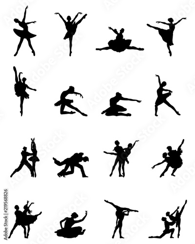 Black silhouettes of ballerinas on white background, vector