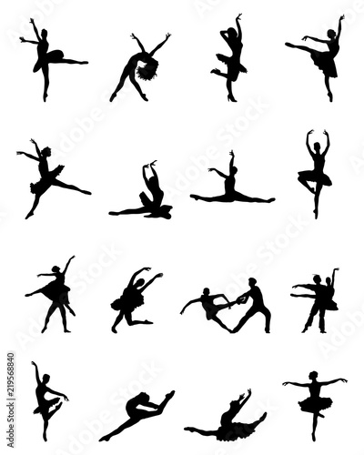 Black silhouettes of ballerinas on white background, vector