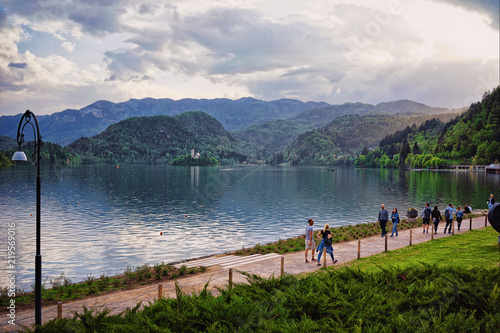 Beautiful scenery with people at Bled Lake Slovenia Europe
